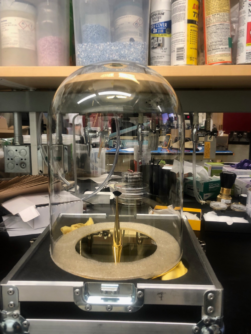 The assembled display in the MIT’s necstlab lab
Diamond on the golden foot, attached to a golden plate and covered by the glass dome.